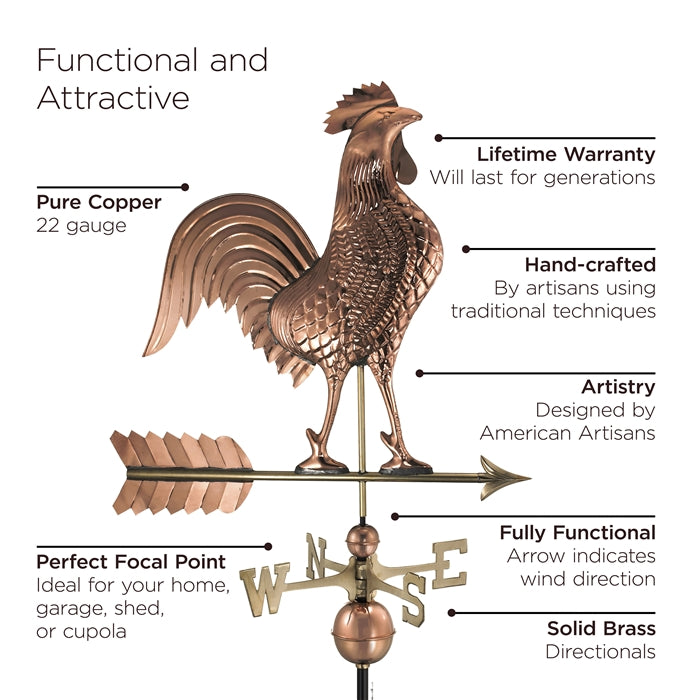 Large Rooster Weathervane - Pure Copper - Image 4
