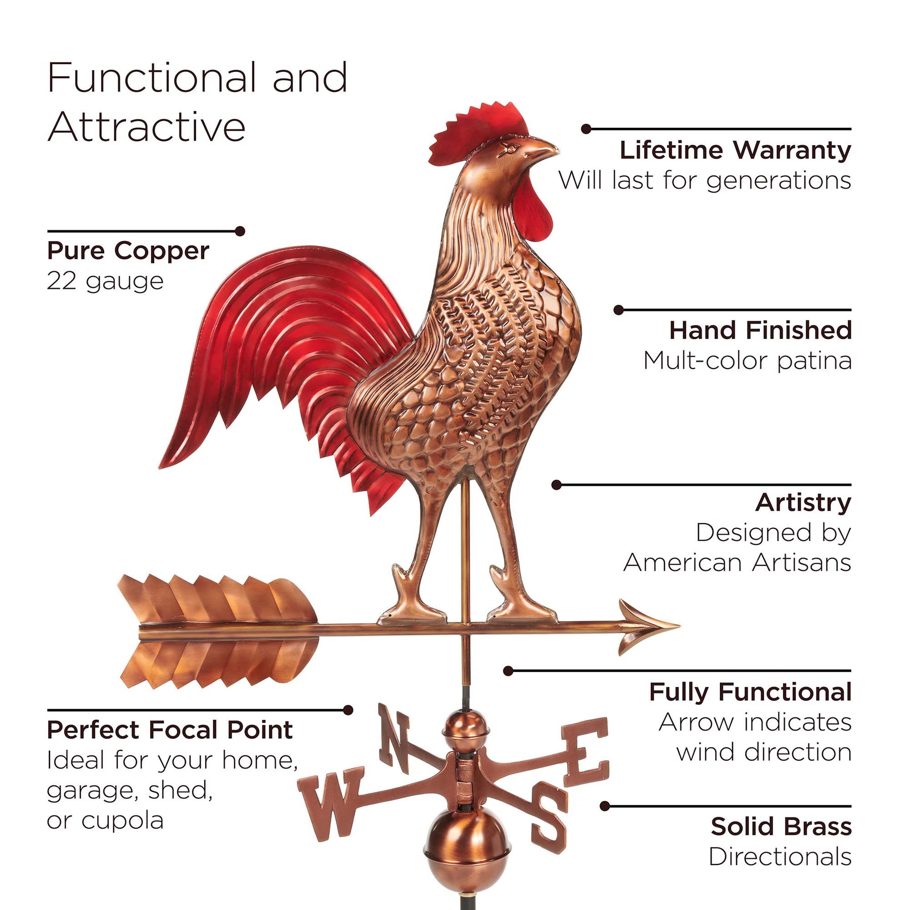Large Rooster Weathervane - Hand Finished Multi-Color Patina - Image 4