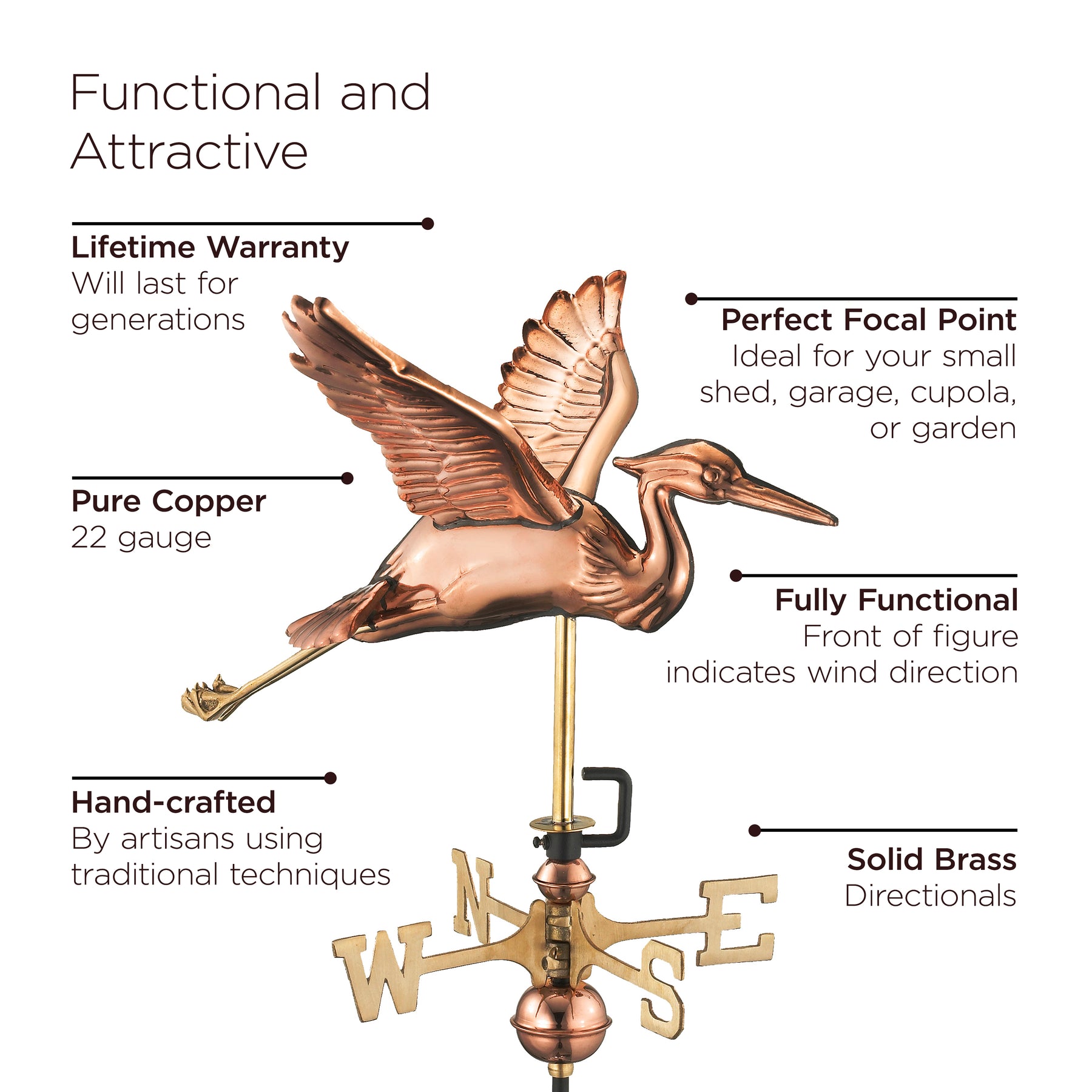 Blue Heron Garden Weathervane with Garden Pole - Pure Copper - Image 4