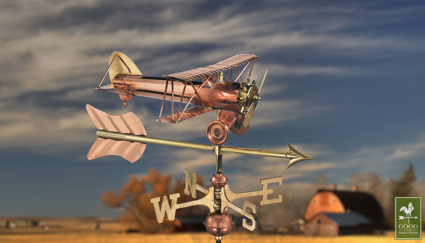 Biplane with Arrow Cottage Weathervane with Roof Mount - Pure Copper - Image 2