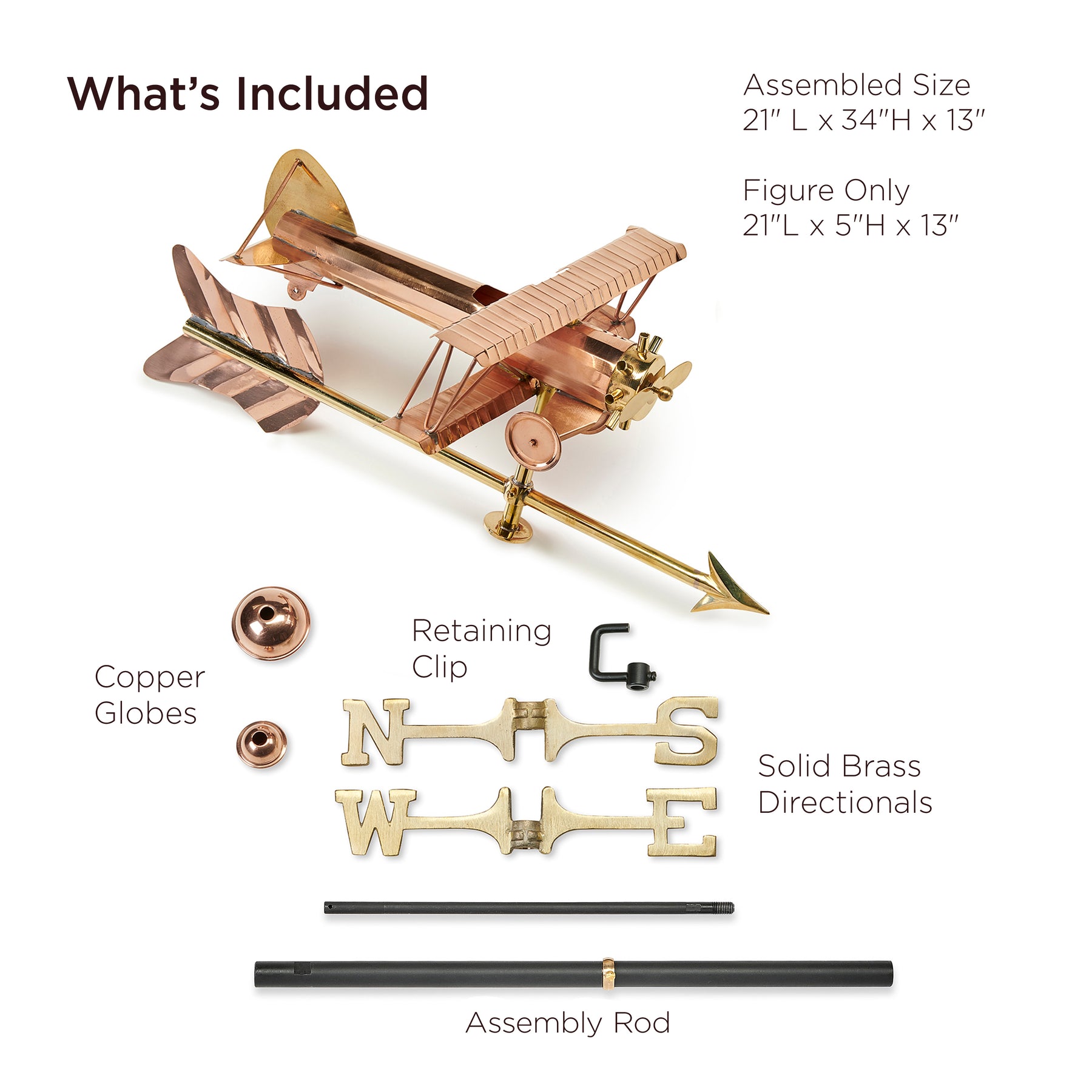 Biplane with Arrow Cottage Weathervane with Roof Mount - Pure Copper - Image 4