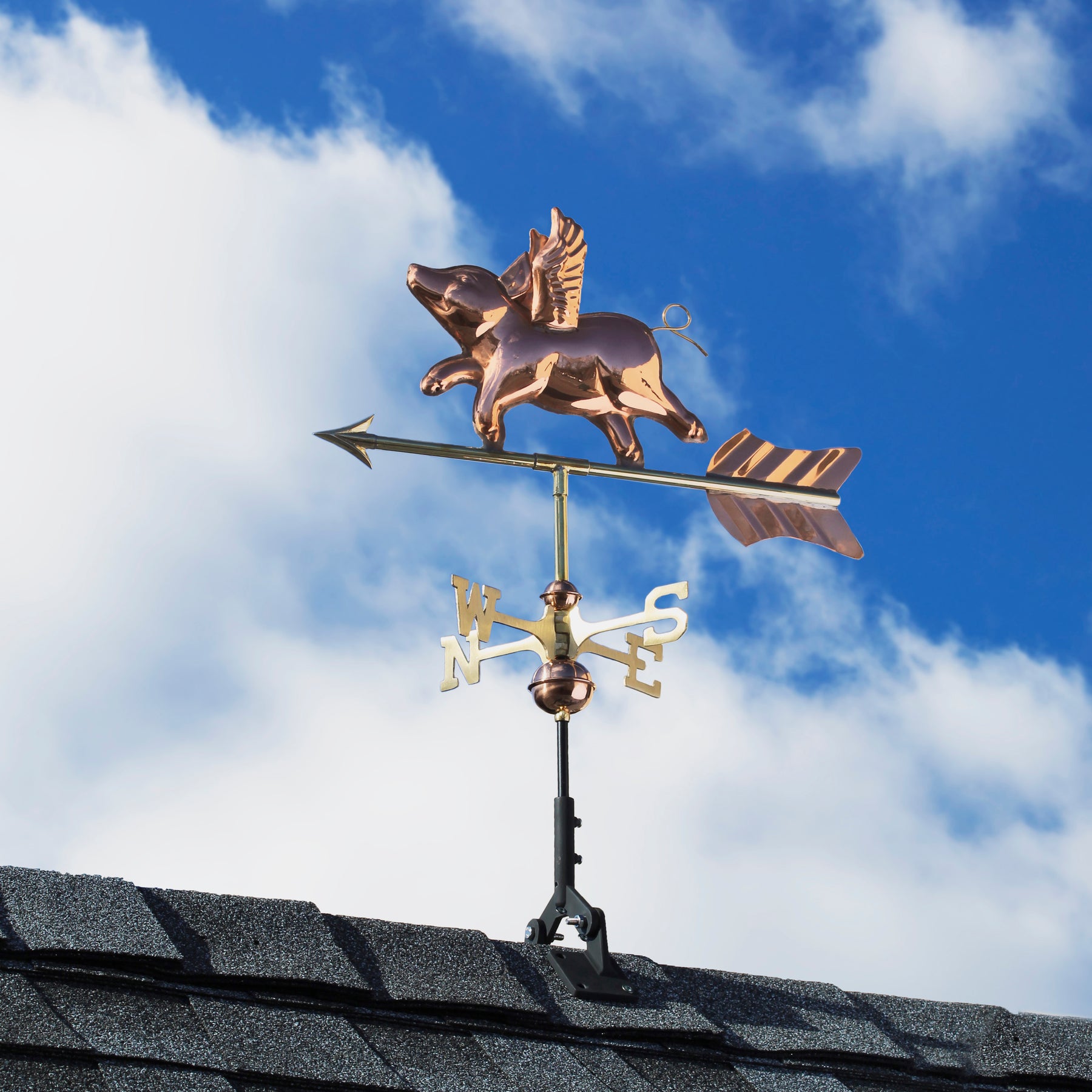 Flying Pig Cottage Weathervane with Roof Mount - Pure Copper - Image 2